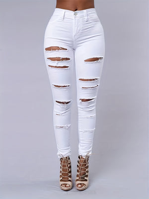 Elegant High-Stretch Skinny Jeans for All Seasons, Ripped with Chain Detail, Mid-Waist Comfort Fit Denim