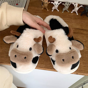 Women's Cartoon Cute Cow House Slippers, Warm Plush Lined Home Slippers, Women's Cozy Indoor Shoes