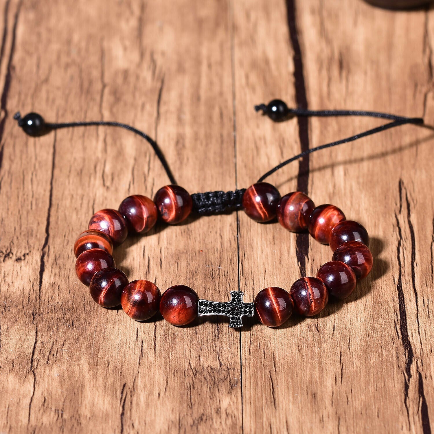 Natural Red Tigers Eye Quartz Healing Crystal Cross Fashion Bracelet Adjustable