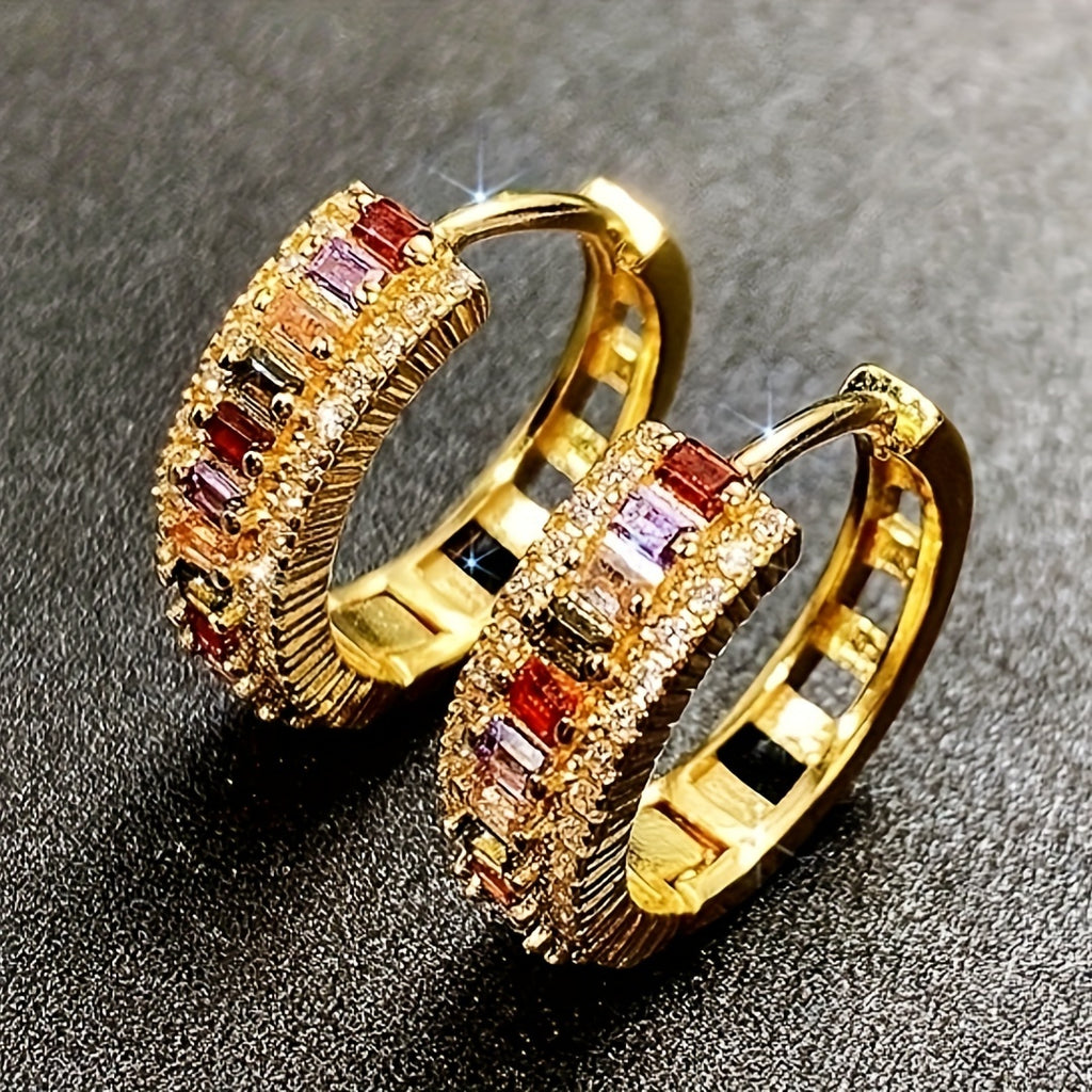 1 Pair Fashionable Avant-Garde Copper Hoop Earrings Adorned with Colorful Synthetic Cubic Zirconia for Mens Daily Wear - Hypoallergenic, Nickel-Free, and Durable - Perfect for Fashion-Forward Individuals