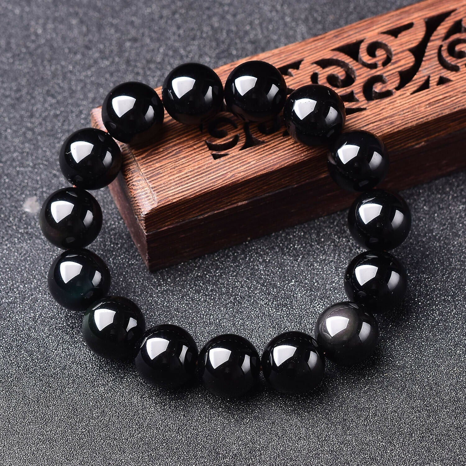 Natural Plain Solid Black Obsidian Quartz Reiki Crystal Fashion Chakra Bracelet