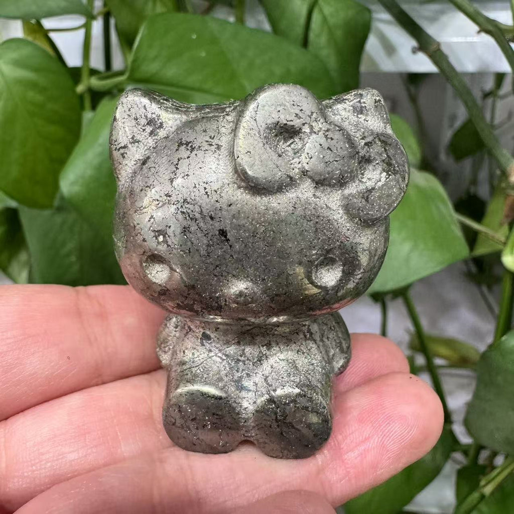 Hand Carved Pyrite Hello Kitty Crystal Cat