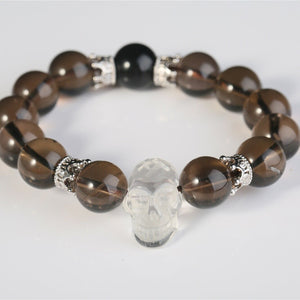 Clear Smoky Quartz Bracelet White Skull Gothic Men Fashion Healing Crystal Beads