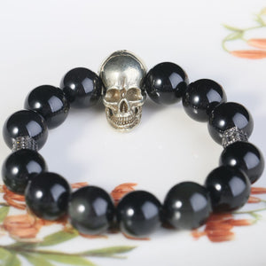 14.5mm Obsidian Gothic Skull Bracelets Men Fashion Crystal Beads Punk Jewelry