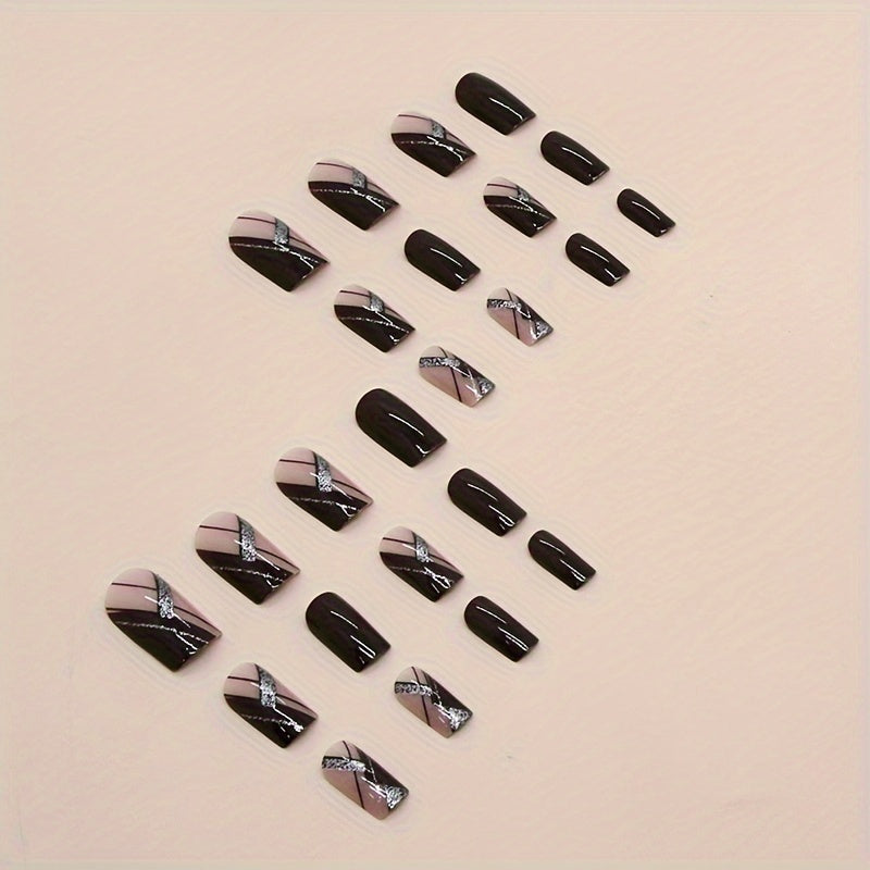 24pcs Glossy Medium Square Fake Nails, Burgundy Color Press On Nails With Geometry Line And Silvery Glitter Design, Sparkling Full Cover Fal