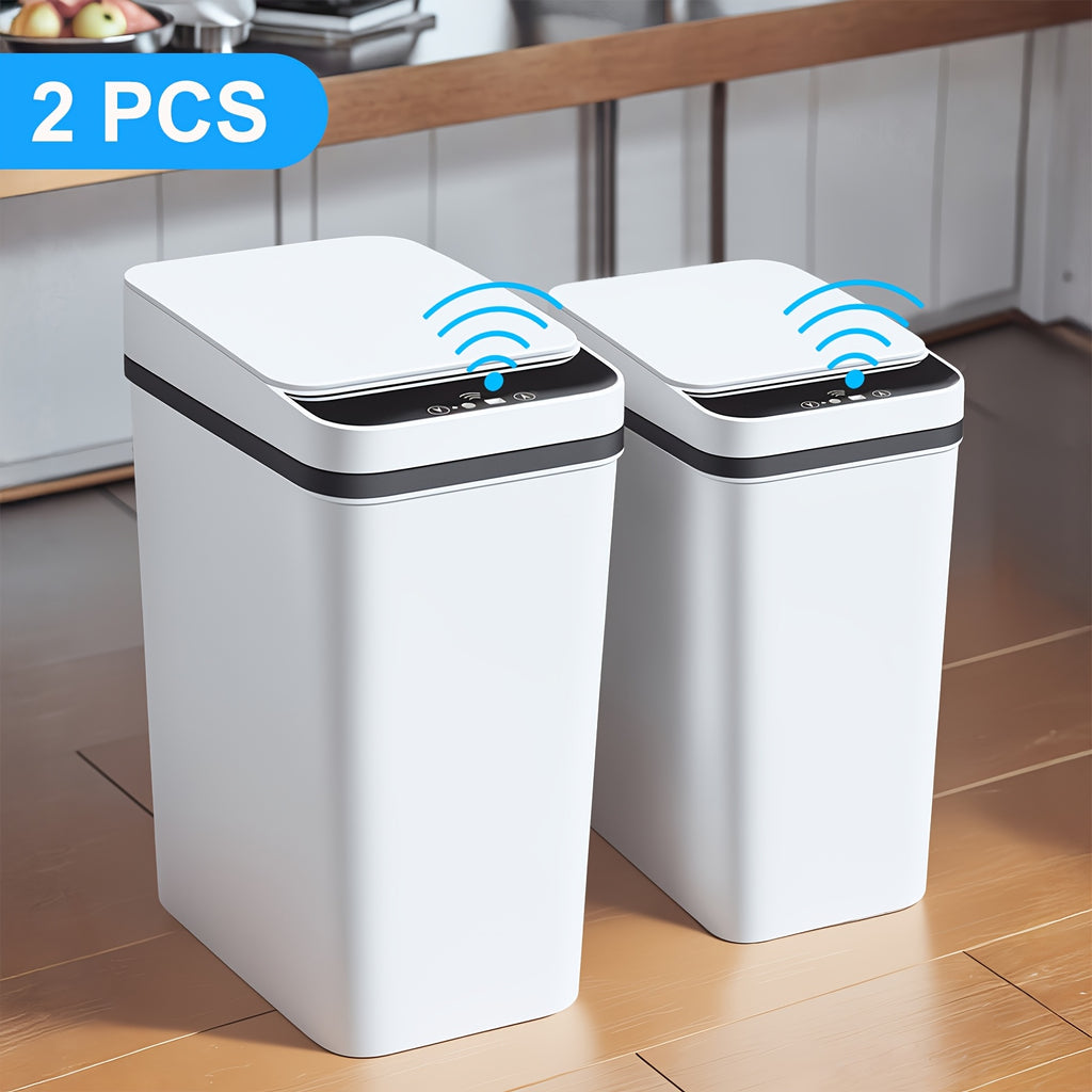 2pcs Smart Motion Sensor Trash Cans with Lids – 4 Gallon & 2.8 Gallon Capacity, Touchless Garbage Bins for Kitchen, Bedroom, Office, and Living Room, Wireless Infrared Technology, Sleek White Design, Living Room Trash Bins | Minimalist Design | Stylish In