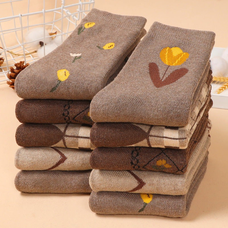10 Pairs Velvet Thickened Warm Terry Cotton Socks for Women - Cute Medium Tube Casual Stockings, Cotton Blend, Knit Fabric, All-Season, Machine Washable