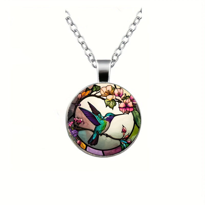 1pc Hummingbird Pattern Time Gem Round Pendant Necklace, For Men Women