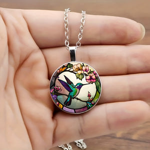 1pc Hummingbird Pattern Time Gem Round Pendant Necklace, For Men Women