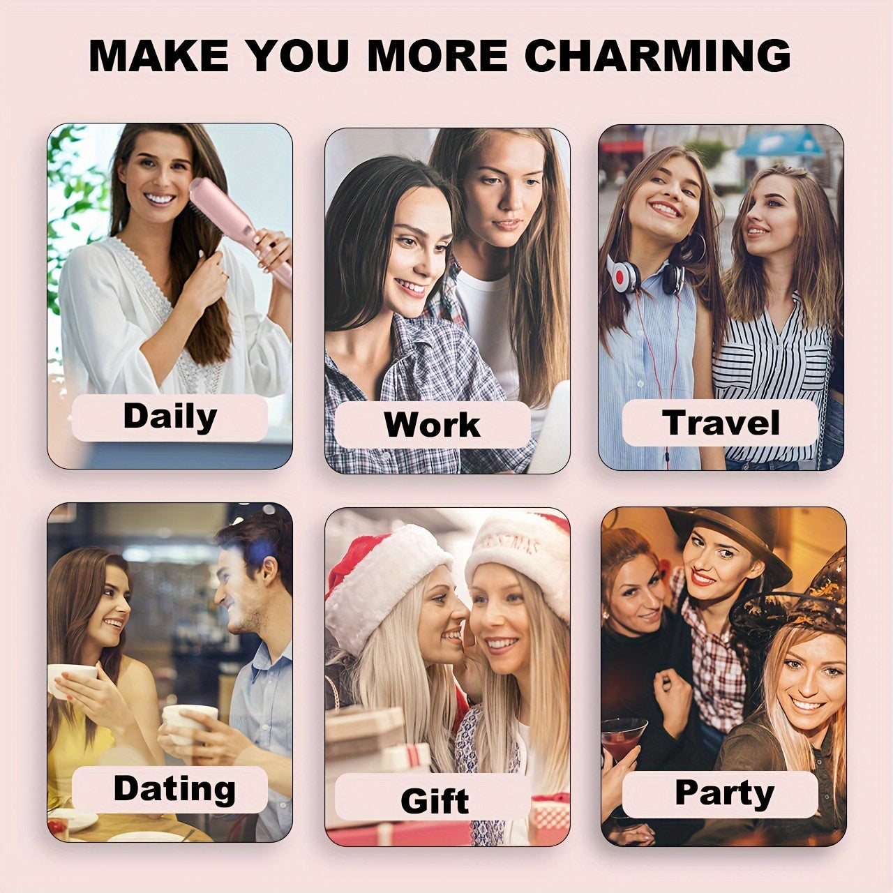 LANDOT Hair Straightener Brush Heated Straightening Brush: Rose Golden Negative Ion Hot Hair Brush For Smooth Frizz Free Hair - Ceramic Flat