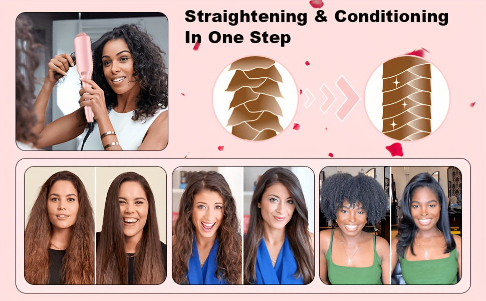 LANDOT Hair Straightener Brush Heated Straightening Brush: Rose Golden Negative Ion Hot Hair Brush For Smooth Frizz Free Hair - Ceramic Flat