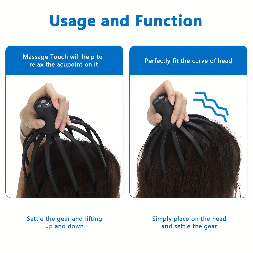 Professional Electric Claw Massager, 3-Level Intensity, USB Rechargeable Lithium Battery, Unscented, for Head Massage - Black