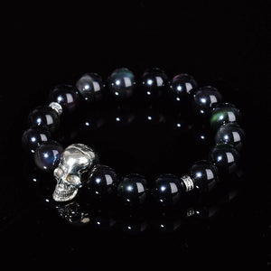 12mm Natural Obsidian Bracelet Chakra Skull Fashion Crystal Bead Silver Decor