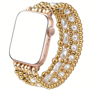 Beaded Bracelet Compatible with Apple Watch Band 4lmm 40mm 38mm Women,Stainless Steel Golden & Silvery Beads, Cute Handmade Elastic Stretch Strap for iWatch Series SE 10 9 8 7 6 5 4 3 2 1