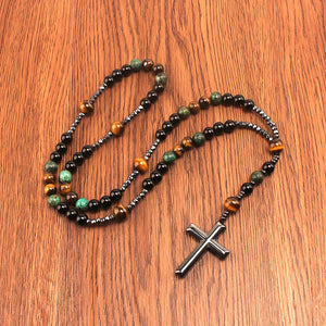 1pc Retro Natural Stone Turquoise Tiger Eye Black Hematite Cross Pendant, Men's Original Stone Prayer Beads Rosary Necklace