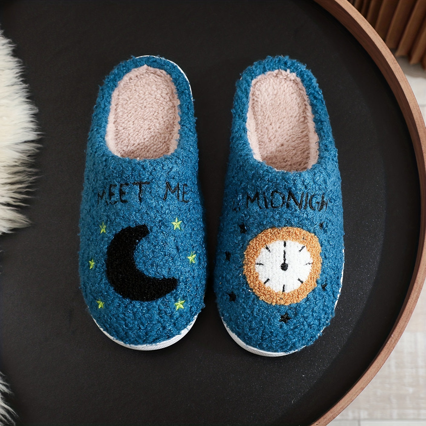 Adorable Moon Clock MEETMEATMIDNIGHT Plush Slippers