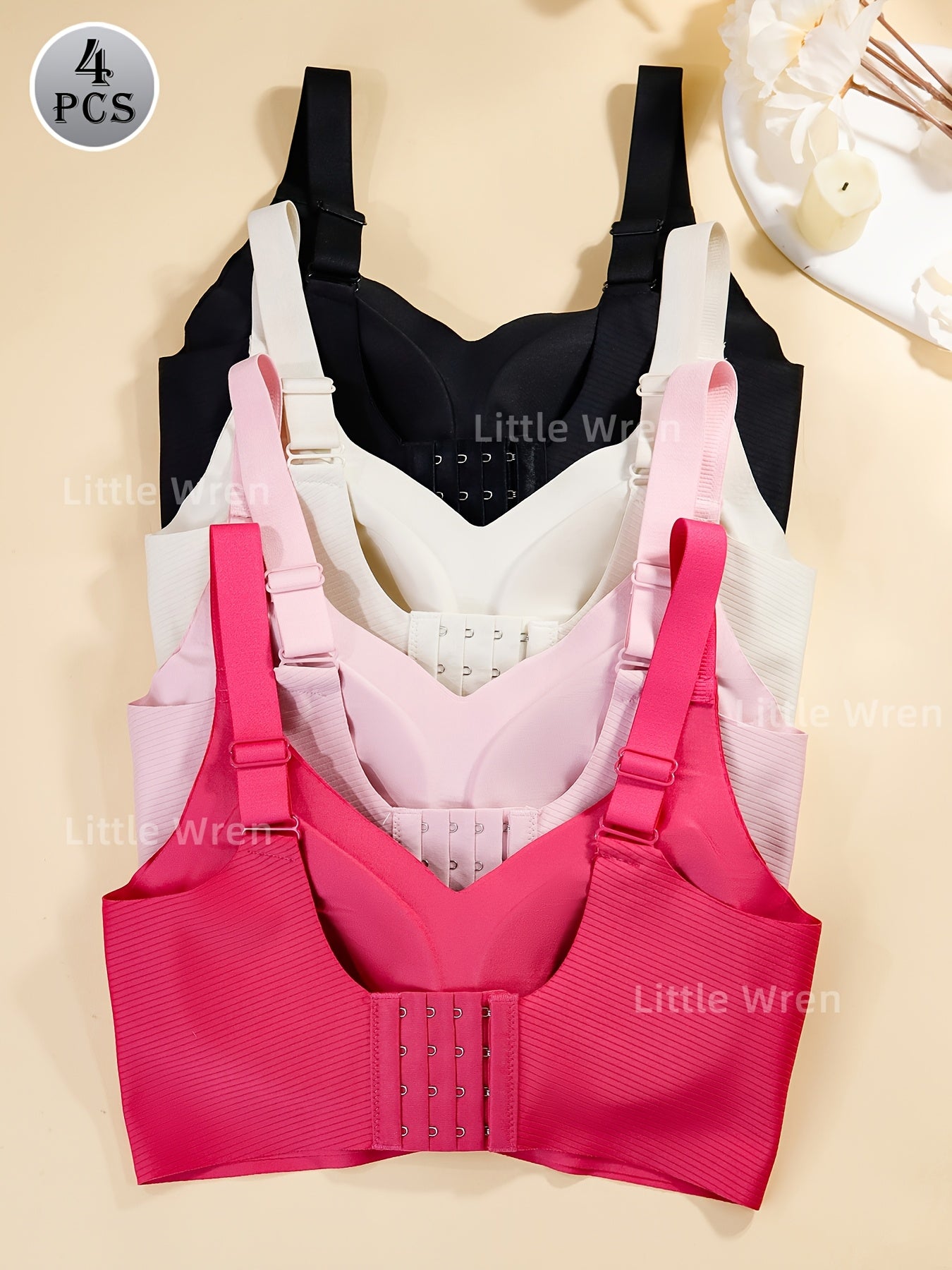 4pcs Seamless Bralettes for Women - Elegant Nylon & Elastane Blend, Comfortable Wide Straps, Soft Support, No Underwire - Available in Beige, White, Black, Casual Lingerie|Wide Strap Bra|Wirefree Comfort