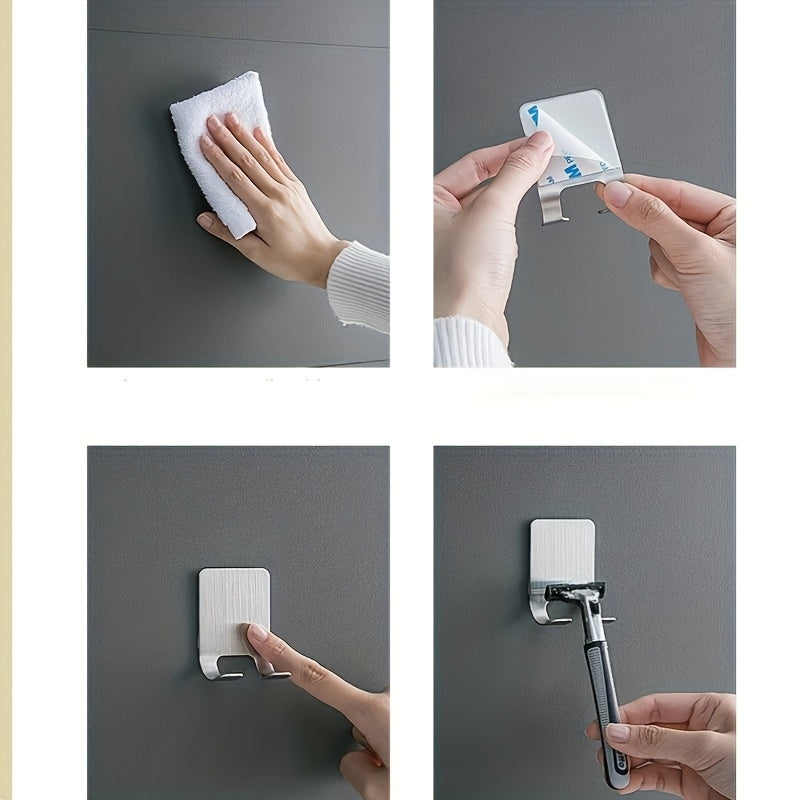 Set Of 2 Silvery Adhesive Wall Hooks, No Need To Drill Bathroom Shaver Holder, Stainless Steel Door Back Wall Hook, Bedroom Hat Hook, Bathro