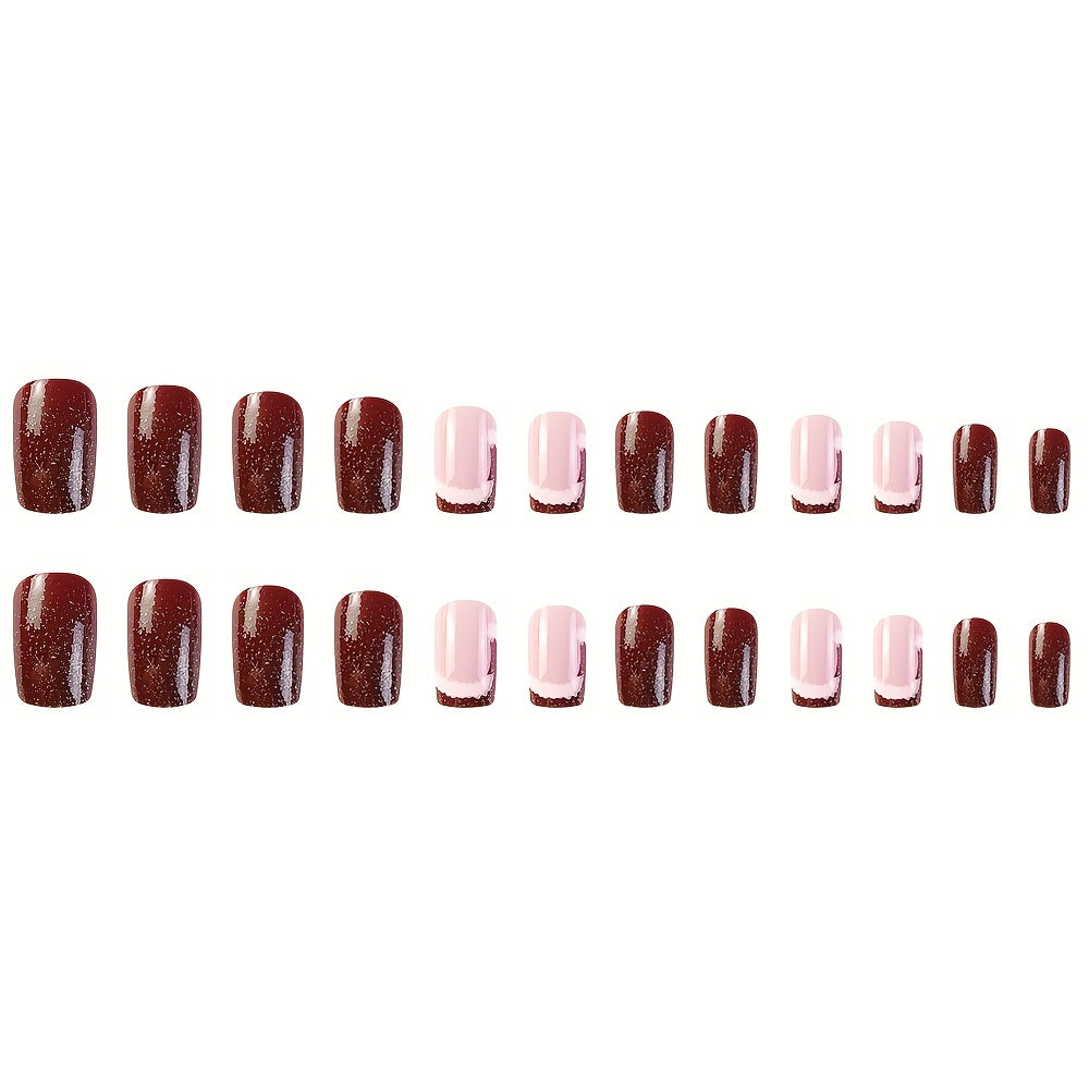 24pcs Glossy Medium Square Fake Nails, Red Glitter Press On Nails With Christmas Hat Design, Sparkling Full Cover False Nails For Women Girl