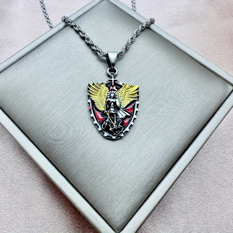 Stainless Steel Necklace For Men Warrior Guardian Holy Angel Saint Michael Pendant Necklace Men Knight Shield Necklace Jewelry Gift