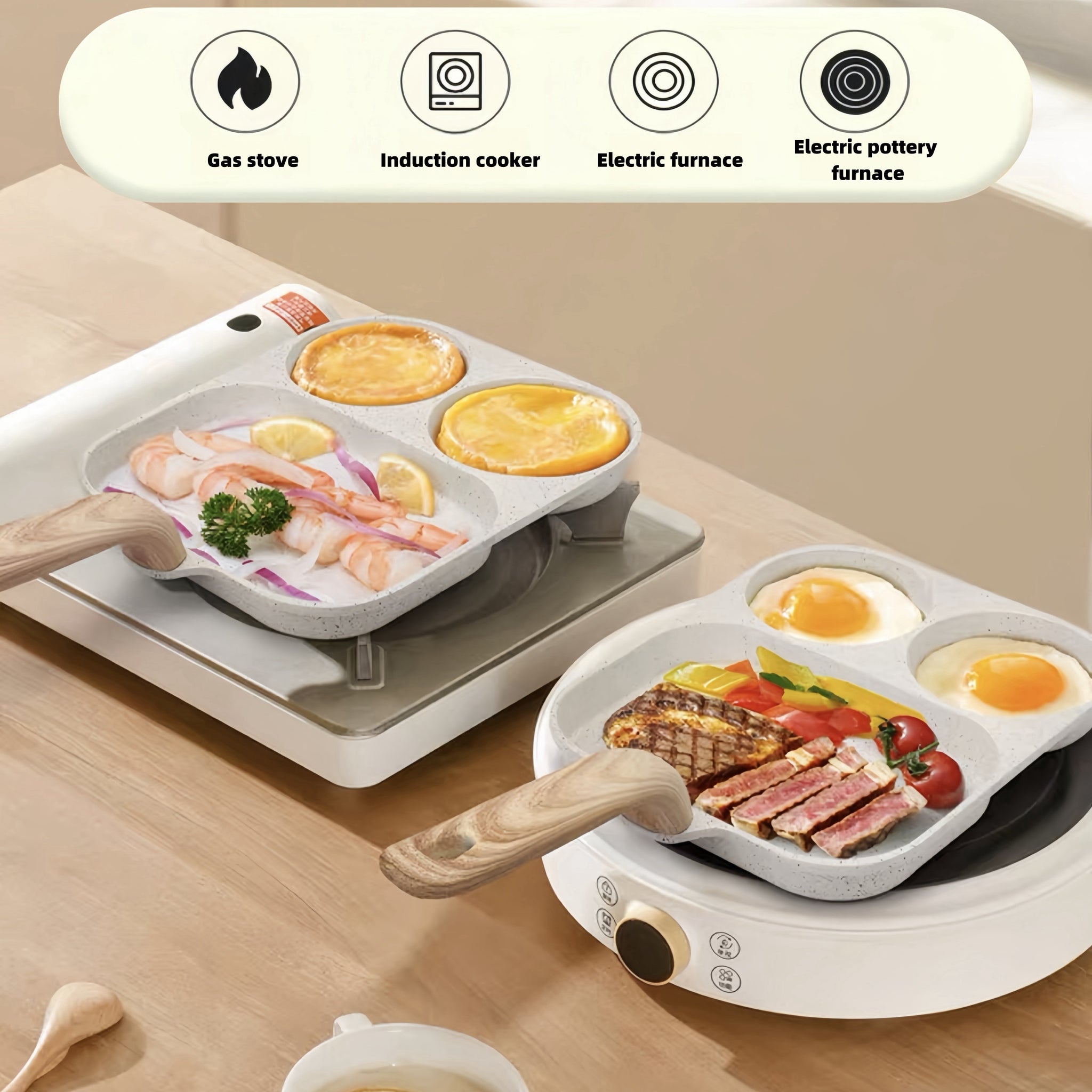 Versatile Non-Stick Aluminum Alloy Frying Pan, Dual Compartment for Eggs & Toast - Rust-Resistant with Wooden Handles, Perfect for Gas & Ind