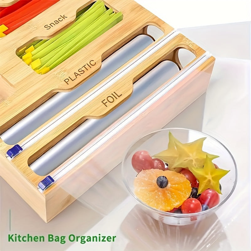 Bamboo Ziplock Bag Organizer And Foil And Plastic Wrap Organizer, Aluminum Foil Organization And Storage, Plastic Wrap Dispenser With Cutter