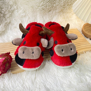 Women's Cartoon Cute Cow House Slippers, Warm Plush Lined Home Slippers, Women's Cozy Indoor Shoes