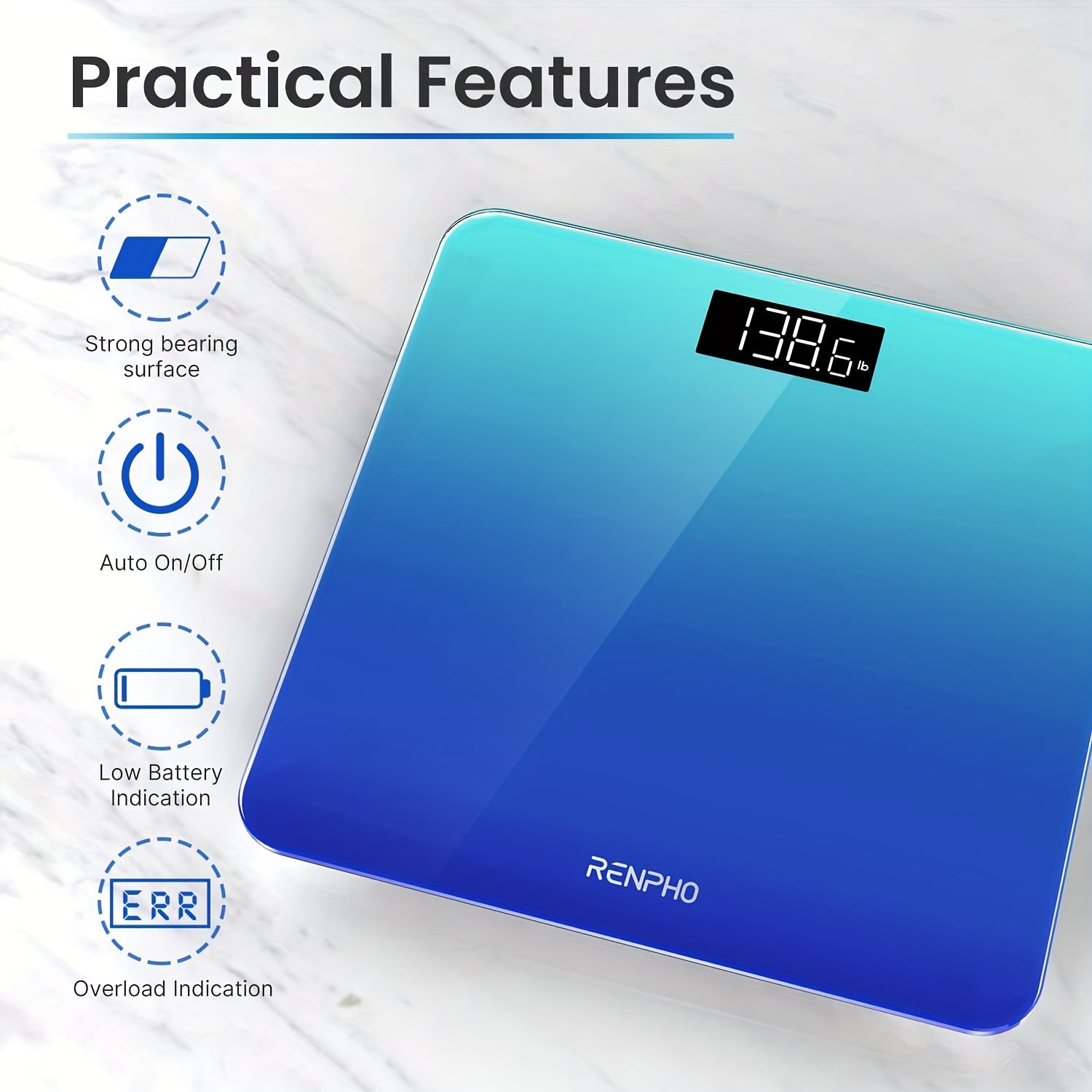 [RENPHO Digital Scale] RENPHO 400 Lb Highly Accurate Digital Bathroom Scale - Lighted LED Display, Round Corner Design - Gradient-Blue, 10.24"/260mm Core 1S