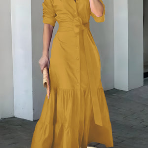 Elegant Maxi Dress with Belt and Ruched Sleeves for Women - Chic Ruffle Trim, Woven Polyester, Ideal for Spring/Fall