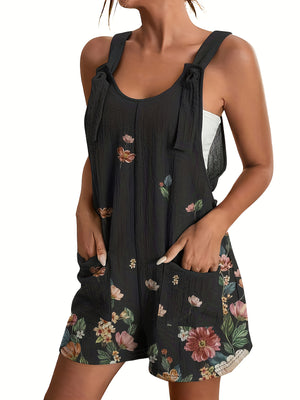 Floral Print Sleeveless Romper with Front Pocket - Casual Everyday Women's Outfit