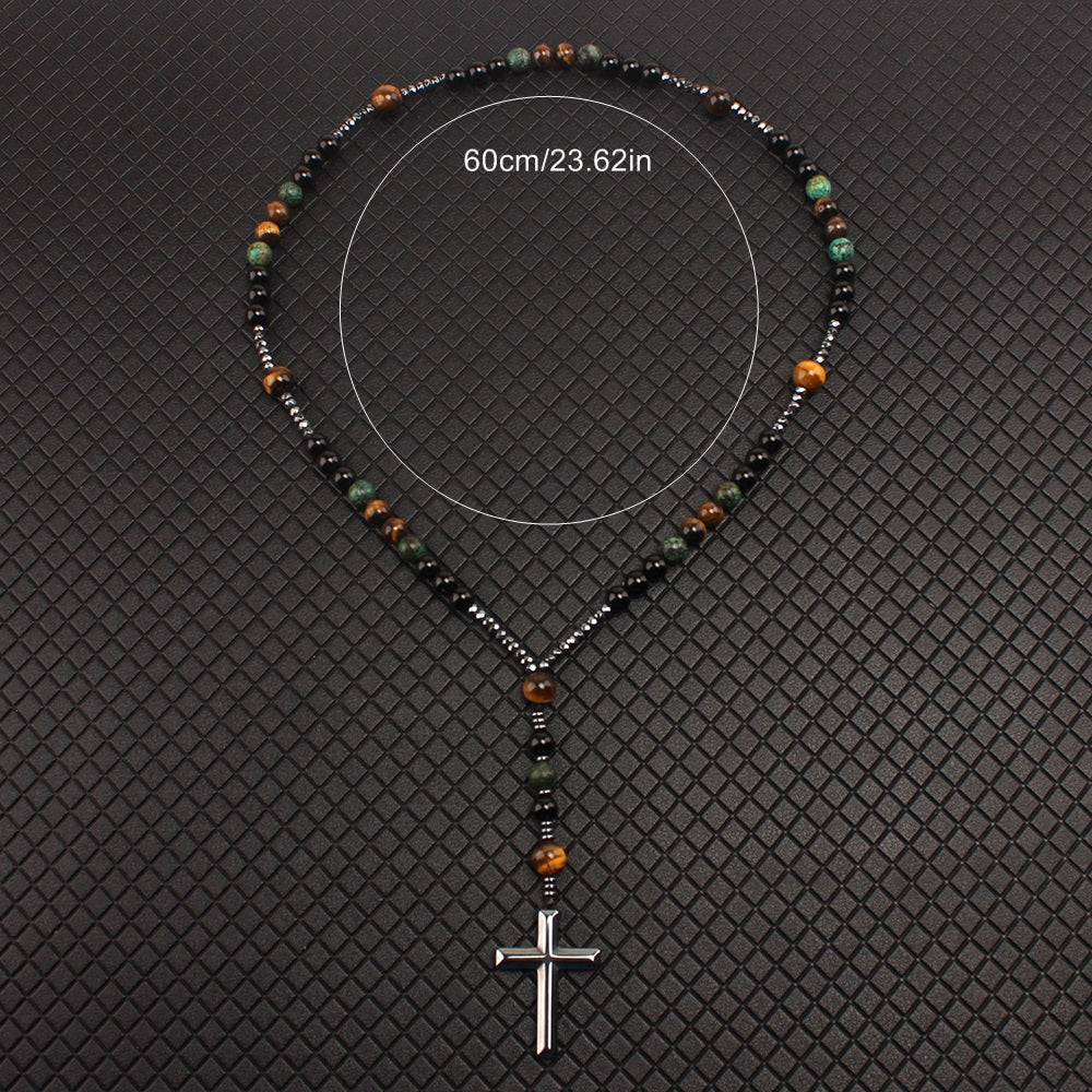 Natural Stone Tiger Eye Faux Turquoise Agate Necklaces Round Bead Necklace With Cross Pendant For Men