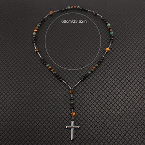 Natural Stone Tiger Eye Faux Turquoise Agate Necklaces Round Bead Necklace With Cross Pendant For Men