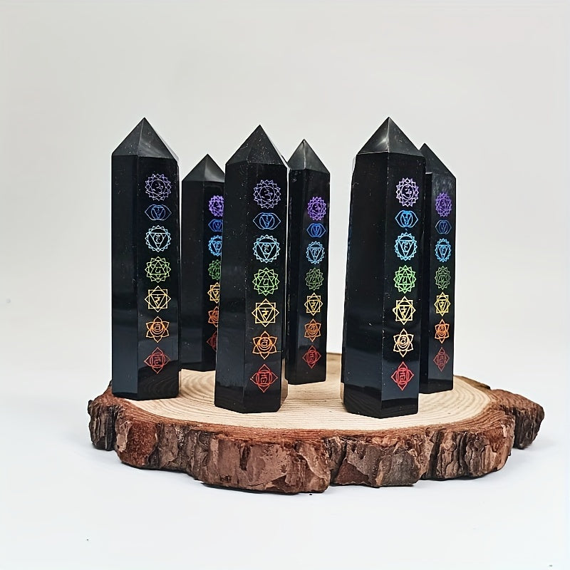 Black Obsidian Seven Main Chakras Symbolic Crystal Tower Healing Crystal The Seven Chakras Wand For Spiritual Use Hexagonal Point Reiki Chakra Gemsone Home Office Decoration