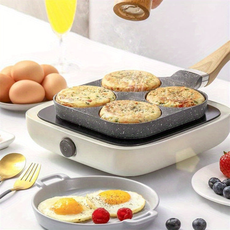 4-in-1 Non-Stick Mung Bean Stone Egg Frying Pan with Cast Iron Handle, Smooth Surface Compatible, Hand Wash Only, Kitchen Cooking Tool
