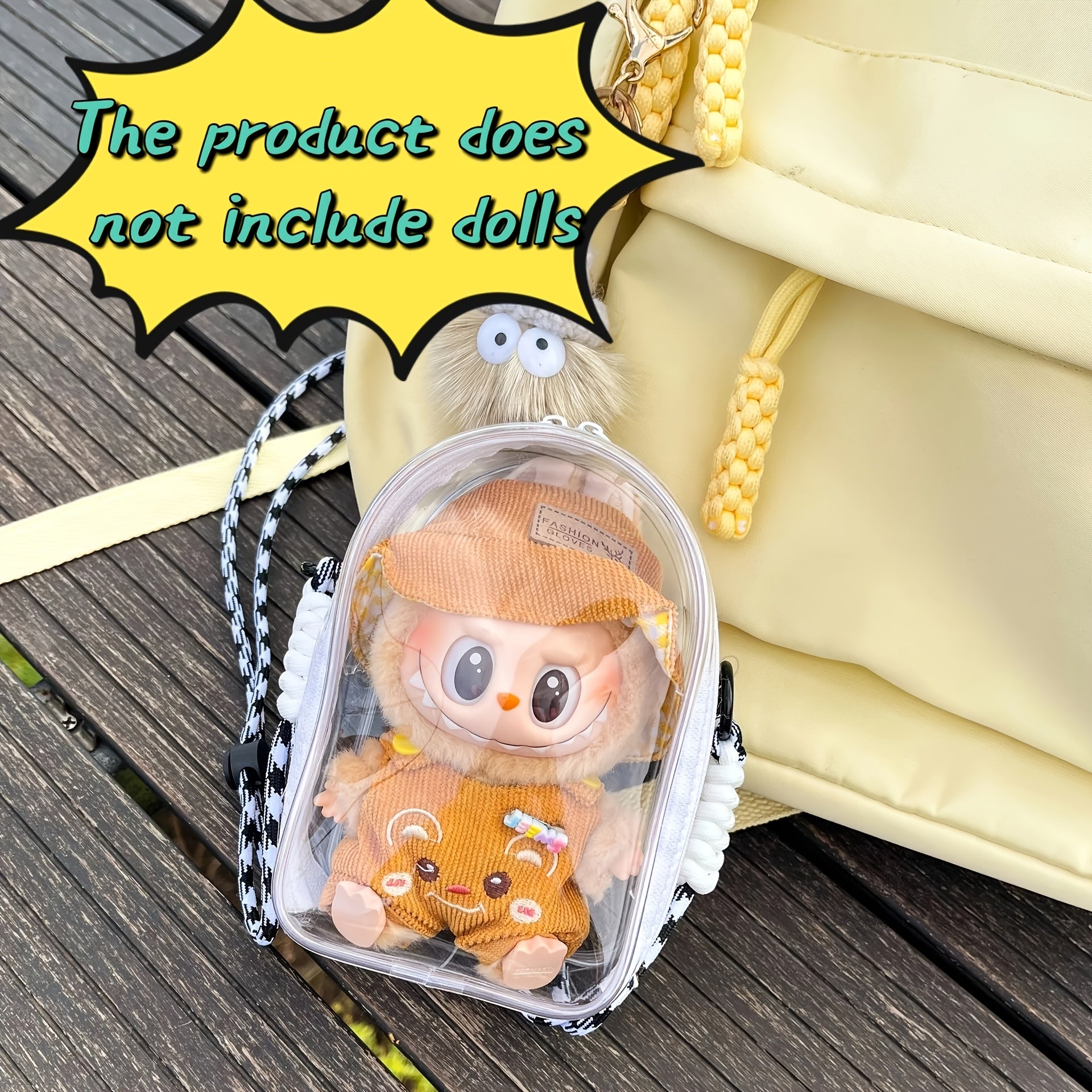 Labubu Vinyl Sitting Party 5.91inch Doll Crossbody Bag | Multi-Color Transparent PVC Storage with Cartoon Design | Adjustable Strap & Zipper Closure | Ideal for Essentials, Bag