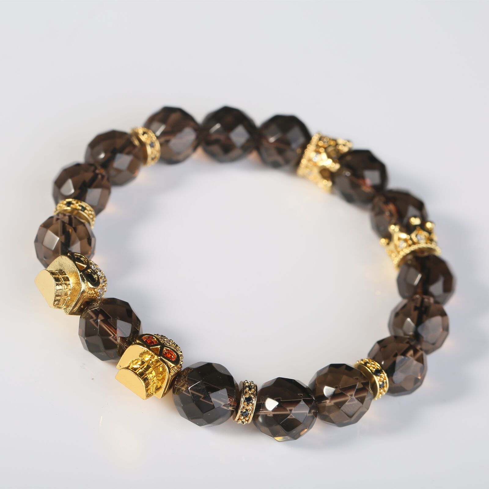 Bracelets Men Fashion Jewelry Twin Skulls Smoky Quartz Citrine Healing Gothic