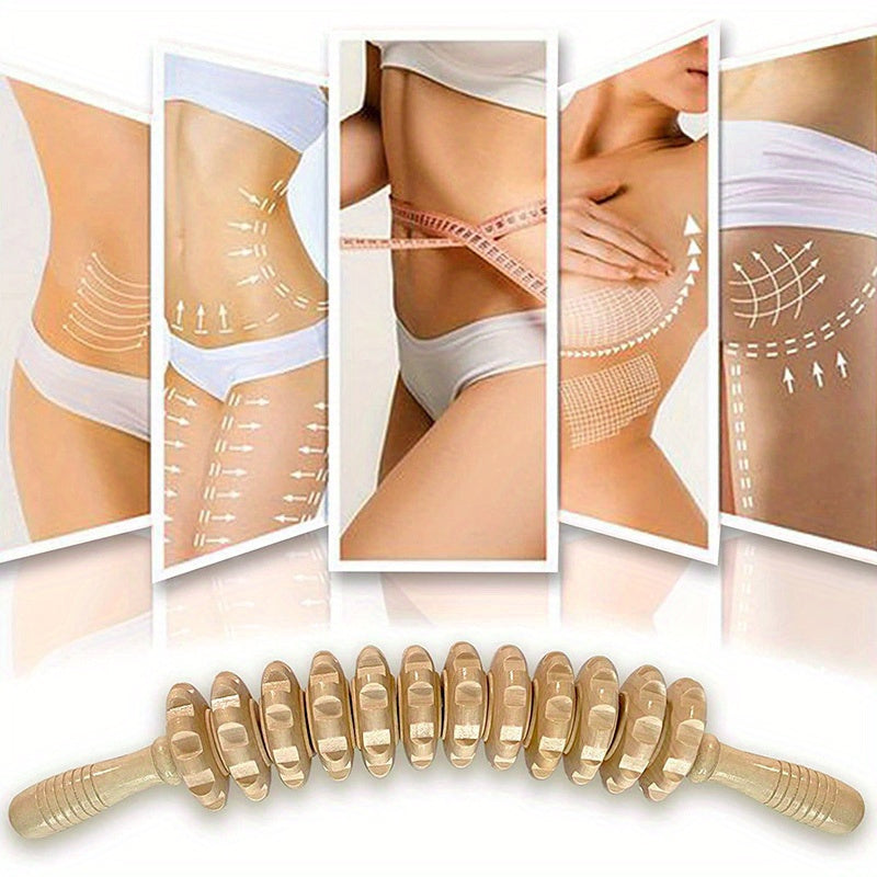 Wooden Curved Massager Handheld Roller Stick 12 Rollers Trigger Point Manual Body Therapy Massager for Fascia Cellulite Muscle