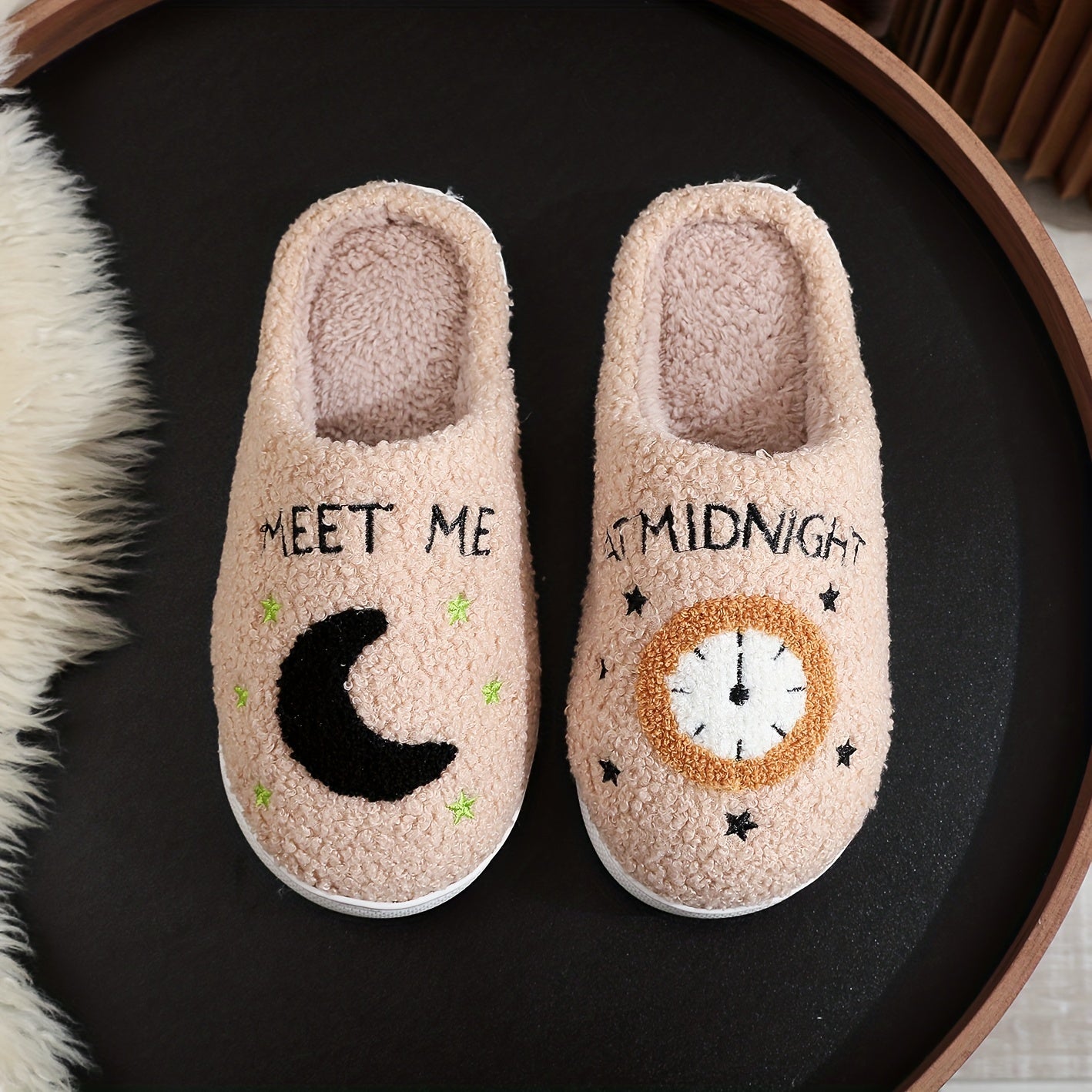 Adorable Moon Clock MEETMEATMIDNIGHT Plush Slippers