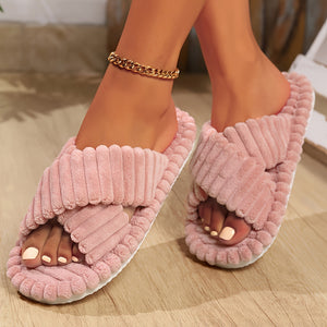 1 Pair Women'S Minimalist Striped Slippers - Comfortable Warm Soft Plush Open-Toe Slip-On House Shoes with EVA Sole, All-Season Indoor Footwear