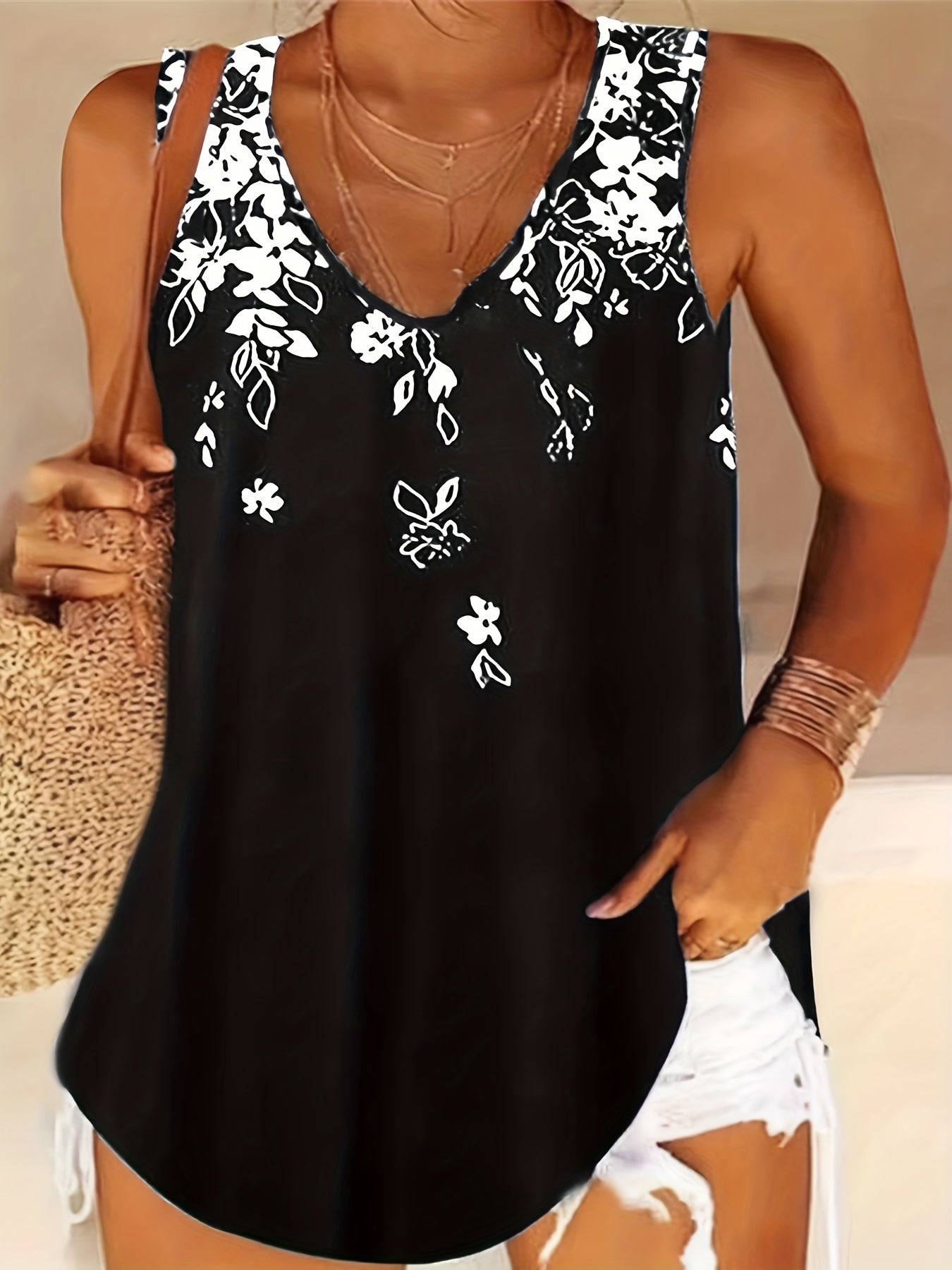 Versatile Plus Size Floral V-Neck Tank Top - Comfortable Stretch Knit, Perfect for All Seasons