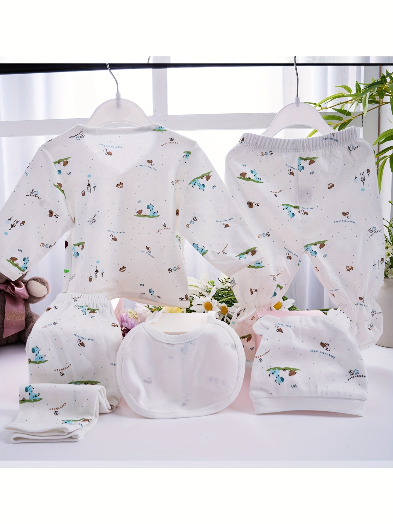 Newborn Baby 5pcs Outfit Pregnancy Gifts - Cardigan Top Trousers Bib Hat Set Cute Cartoon & Cotton Soft Comfy Baby Supplies Outdoor Clothes