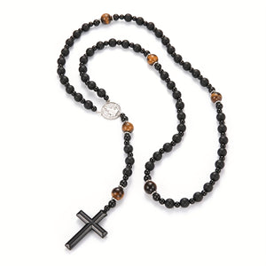 1pc Natural Volcanic Rock Black Agate Yellow Tiger Eye Tag Cross Pendant Rosary Necklace Jewelry For Men And Women