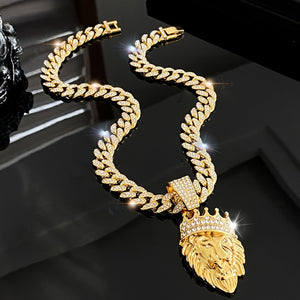 Men'S Crown Lion Head Zinc Alloy Pendant Necklace, Hip Hop Men'S Rhinestone Cuban Chain, Suitable for Daily, Banquet Wear, The Perfect Gift