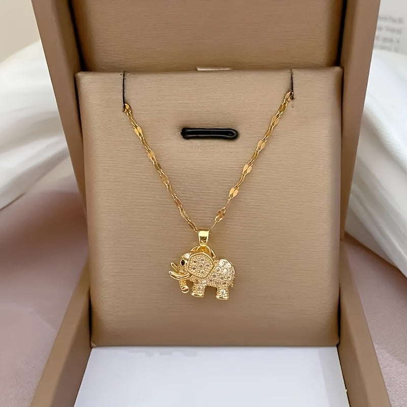 Chic Golden Elephant Pendant Necklace with Sparkling Cubic Zirconia - Elegant Titanium Steel Collarbone Chain for Women, Perfect Gift for Va