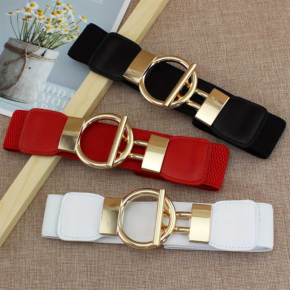 3pcs/set Round Buckle Wide Belts Classic Solid Color Elastic Waistband Elegant Dress Coat Girdle For Women Girls