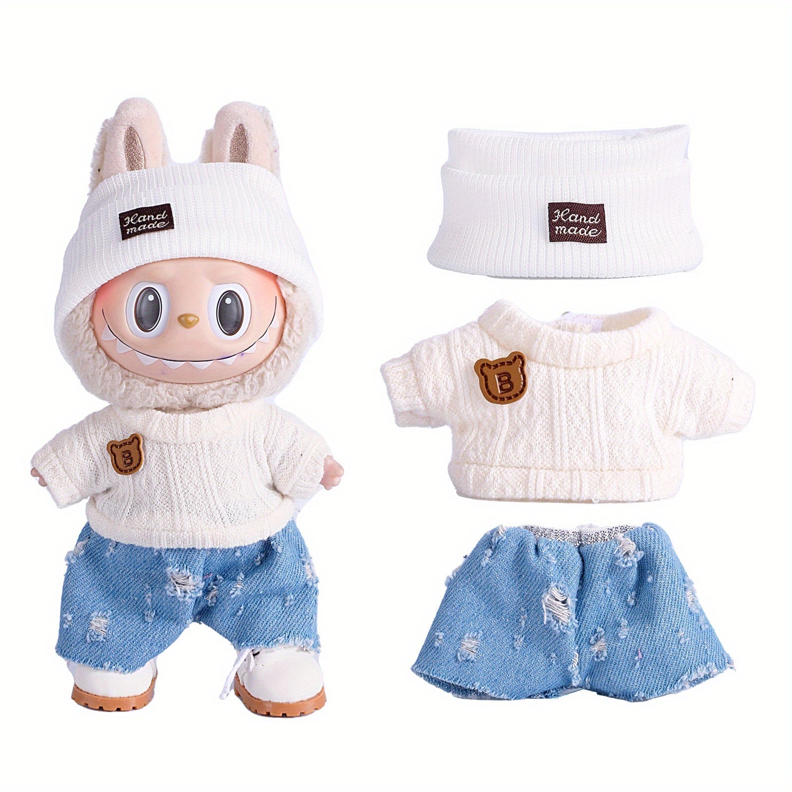 17cm Doll Clothes For Labubu With 3 Outfits - Stylish Fisherman Hat & Sweaters & Pants Or Skirt Set For 17cm Dolls, Adorable Labubu Accessories For Play & Display (Not Included Shoes & Doll)