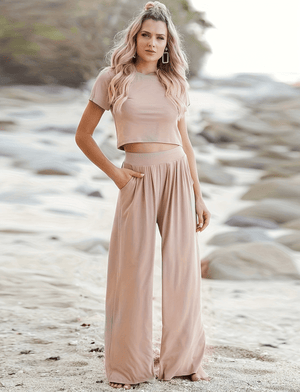 Chic Cropped Top & Flowy Wide-Leg Pants Set - Relaxed Fit, Breathable Fabric - Versatile Style for Any Occasion, Women's Ensemble