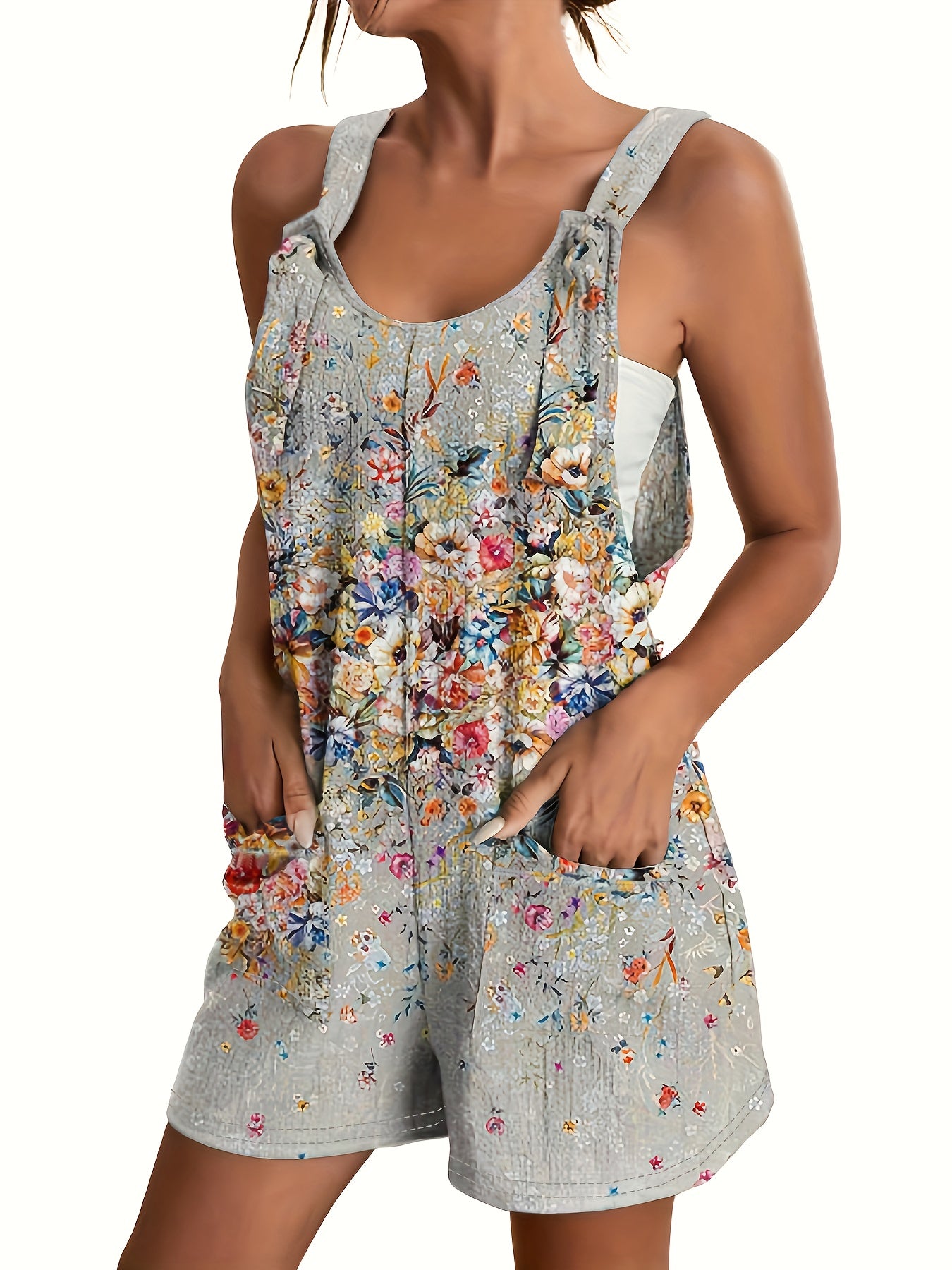 Floral Print Sleeveless Romper with Front Pocket - Casual Everyday Women's Outfit