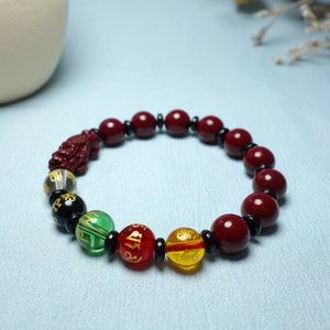 Natural Cinnabar Purple  Sand Pixiu Five Blessing Beads Good Luck Bracelet Stretch Bracelet