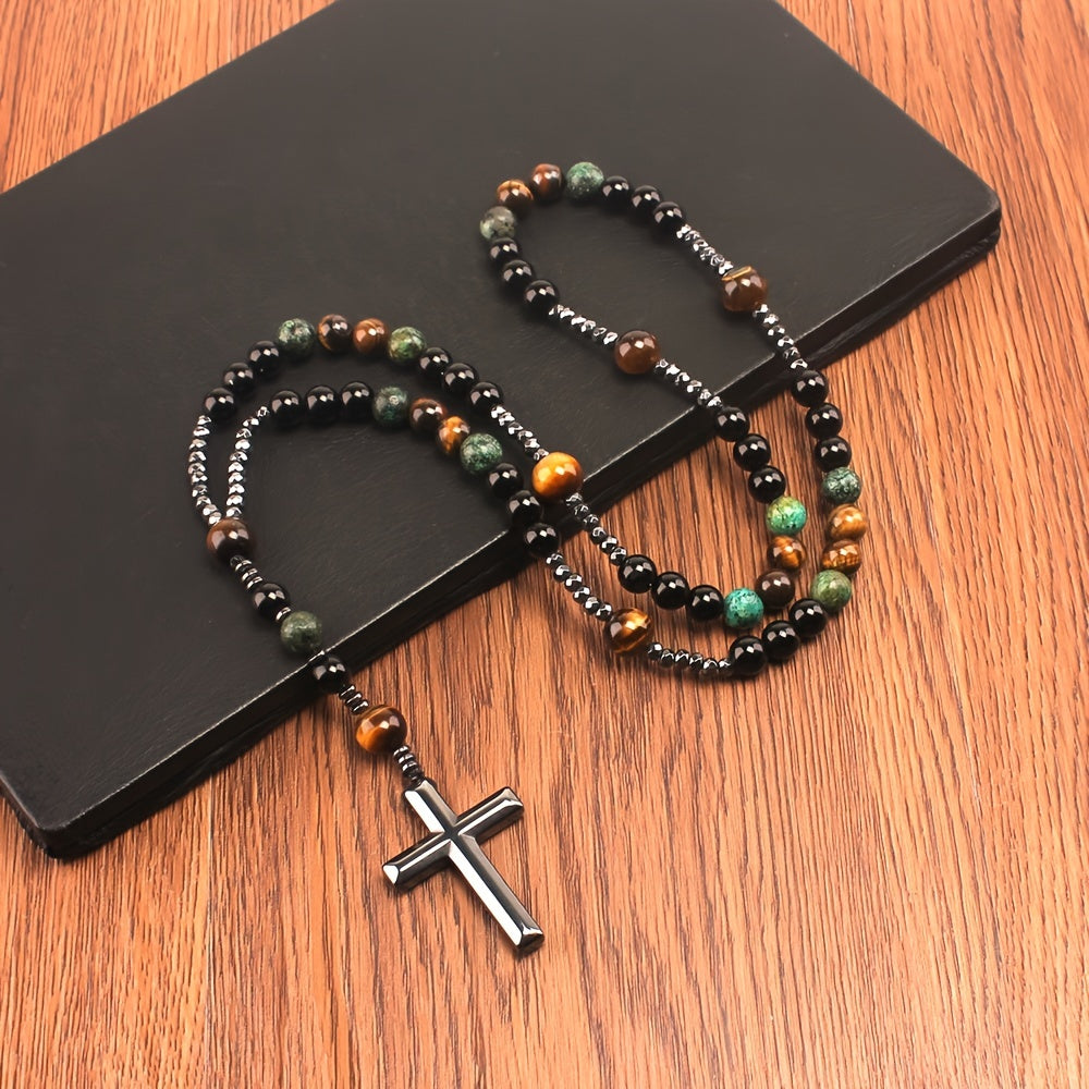 Natural Stone Tiger Eye Faux Turquoise Agate Necklaces Round Bead Necklace With Cross Pendant For Men